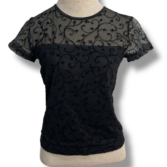 Y2K 90s Women's Black Mesh Top Vine Flower Flocked Lace Size S Dark Fairy Goth - Picture 1 of 11